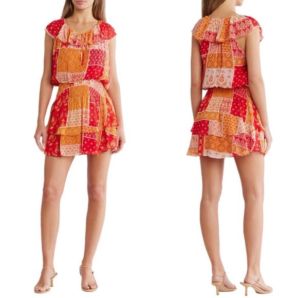 NWT Ramy Brook Mittie Cap Sleeve tiered mini dress in Flame patchwork Size S - Picture 1 of 6